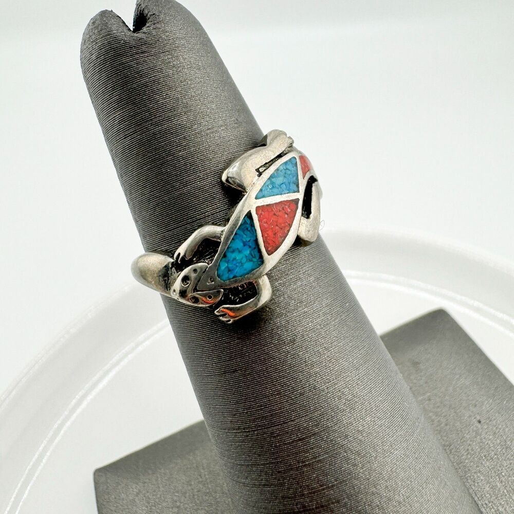Vintage Southwestern Crushed Turquoise Coral 925 Silver Ring Natural Boho - Picture 5 of 10